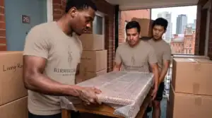 Moving company team carefully handling furniture in an apartment.