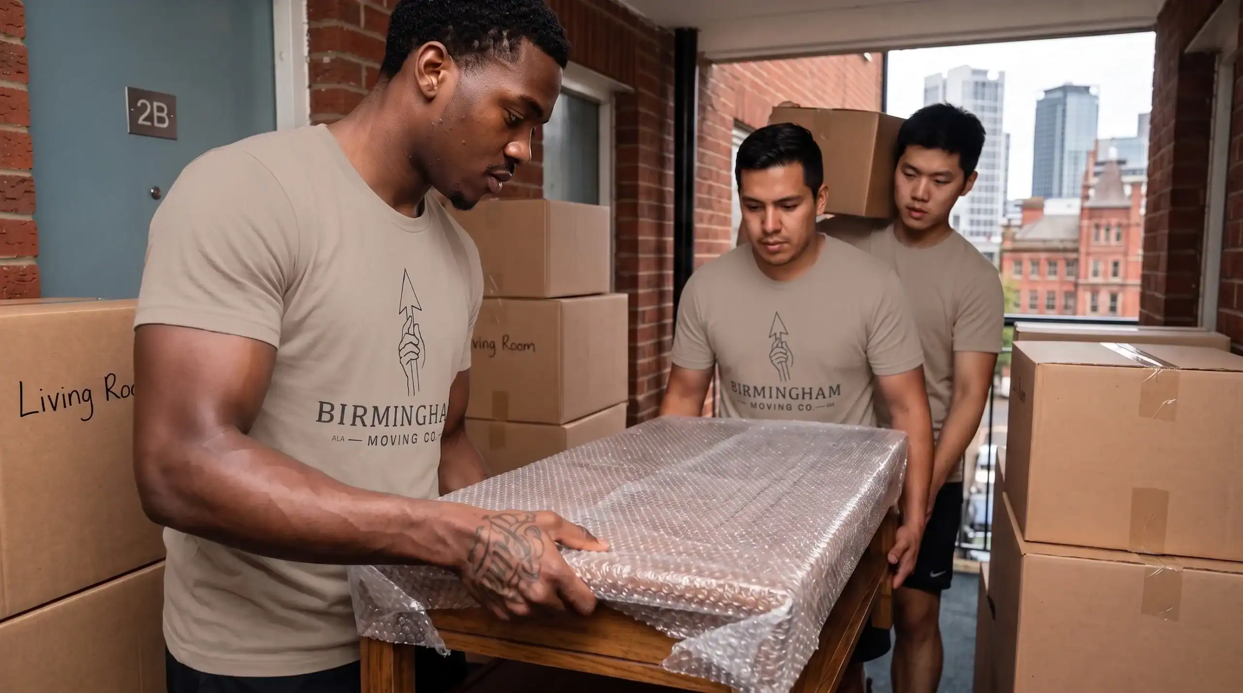Moving company team carefully handling furniture in an apartment.