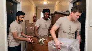 Birmingham Moving Company movers carrying a large item down an apartment hallway
