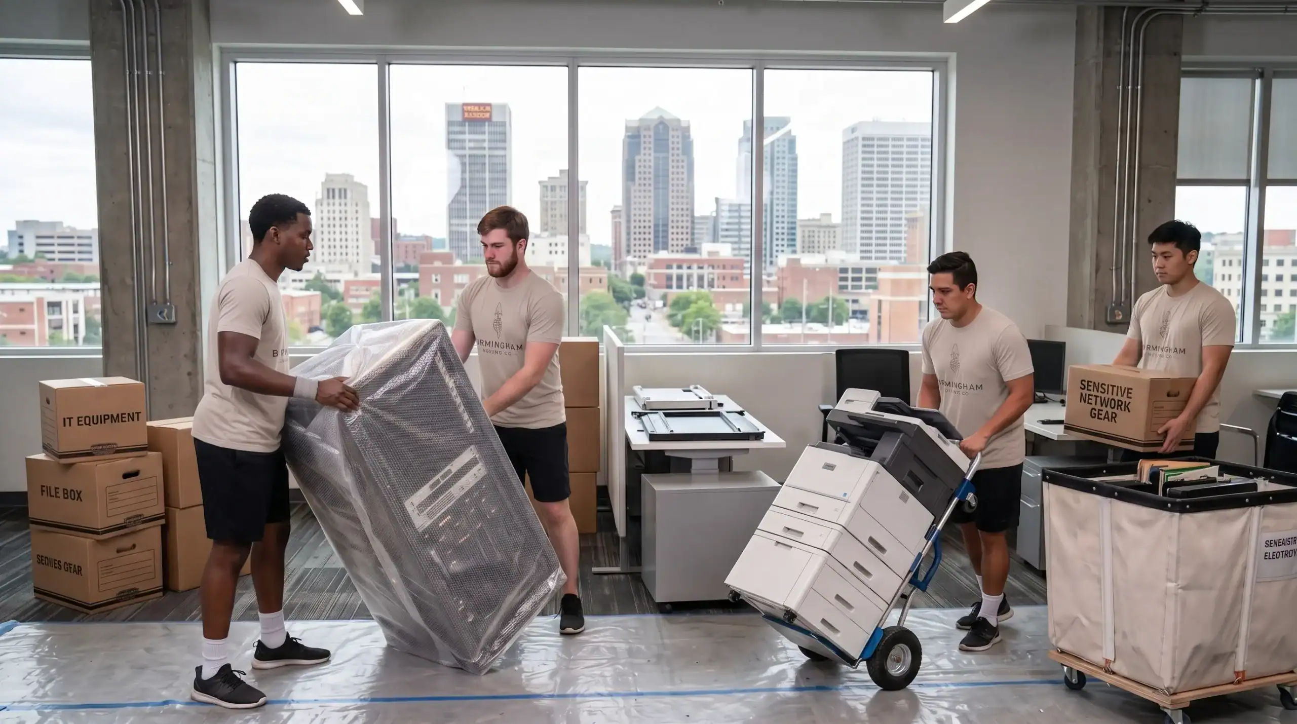 Moving team handling large equipment in a modern office space.