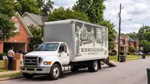 Moving truck with Birmingham Moving Co logo on a residential street.