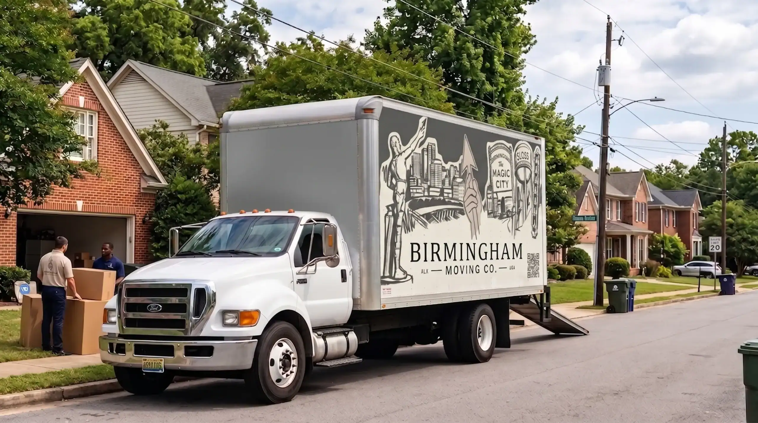 Moving truck with Birmingham Moving Co logo on a residential street.