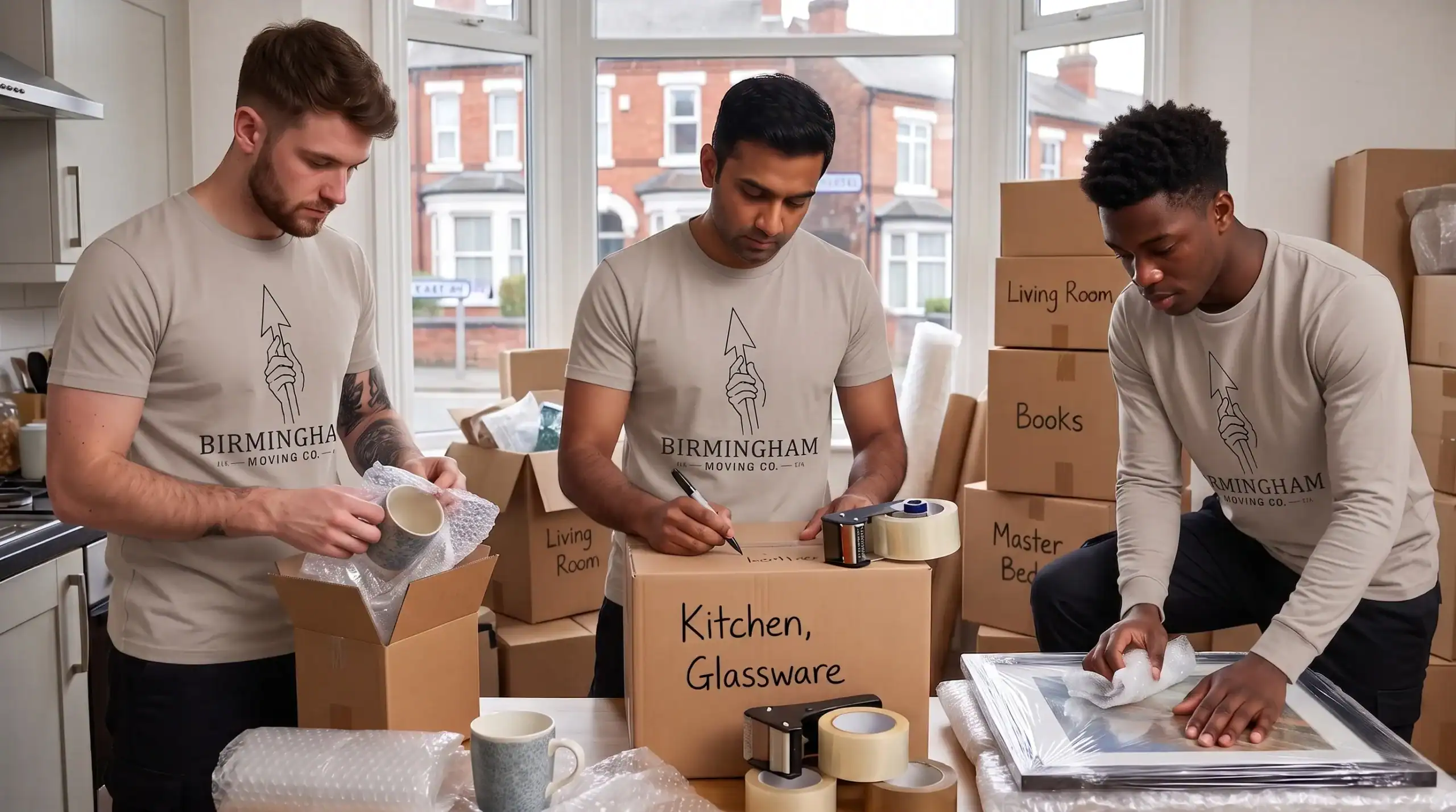 Movers packing kitchen glassware in a home during a move.