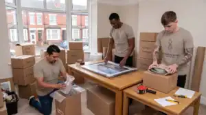 Movers packing boxes and preparing items for a move in Birmingham.