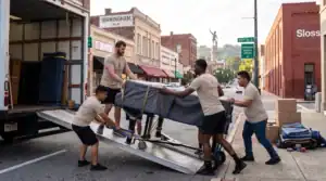 Birmingham Moving Company movers carrying a piano outside in a downtown Birmingham setting