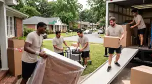 Movers loading boxes into a truck for a residential move in Birmingham.
