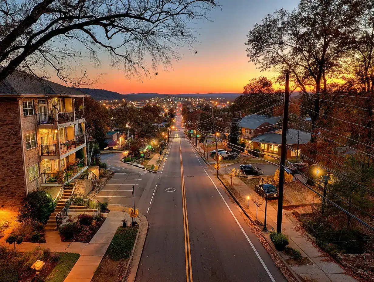 Sunset over a tree-lined street in Hoover, Alabama