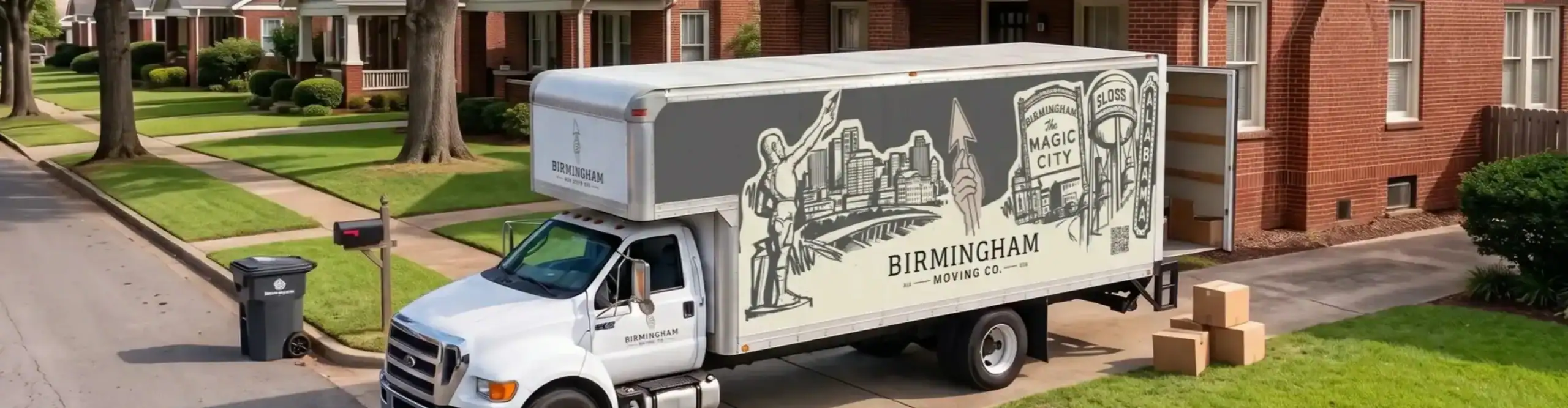 White Birmingham Moving Company box truck with the company logo on the side
