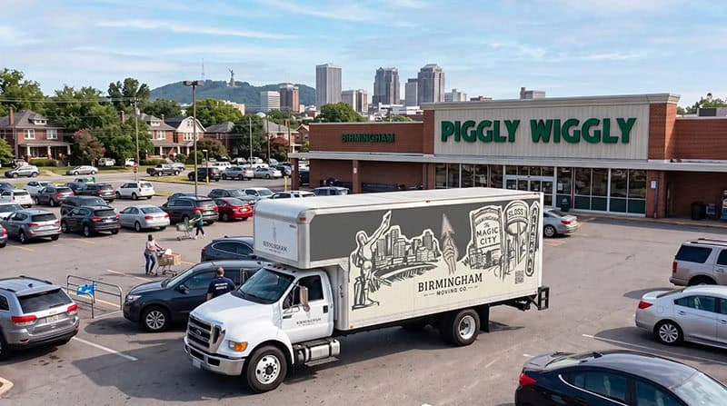 Birmingham Moving Company box truck parked in a local Birmingham lot near a Piggly Wiggly store