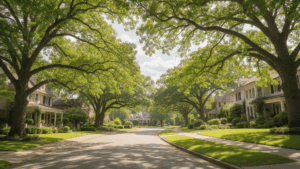 Scenic view of tree-lined street in Mountain Brook with well-maintained homes.