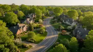Aerial view of a suburban neighborhood with winding road and green trees in Birmingham.