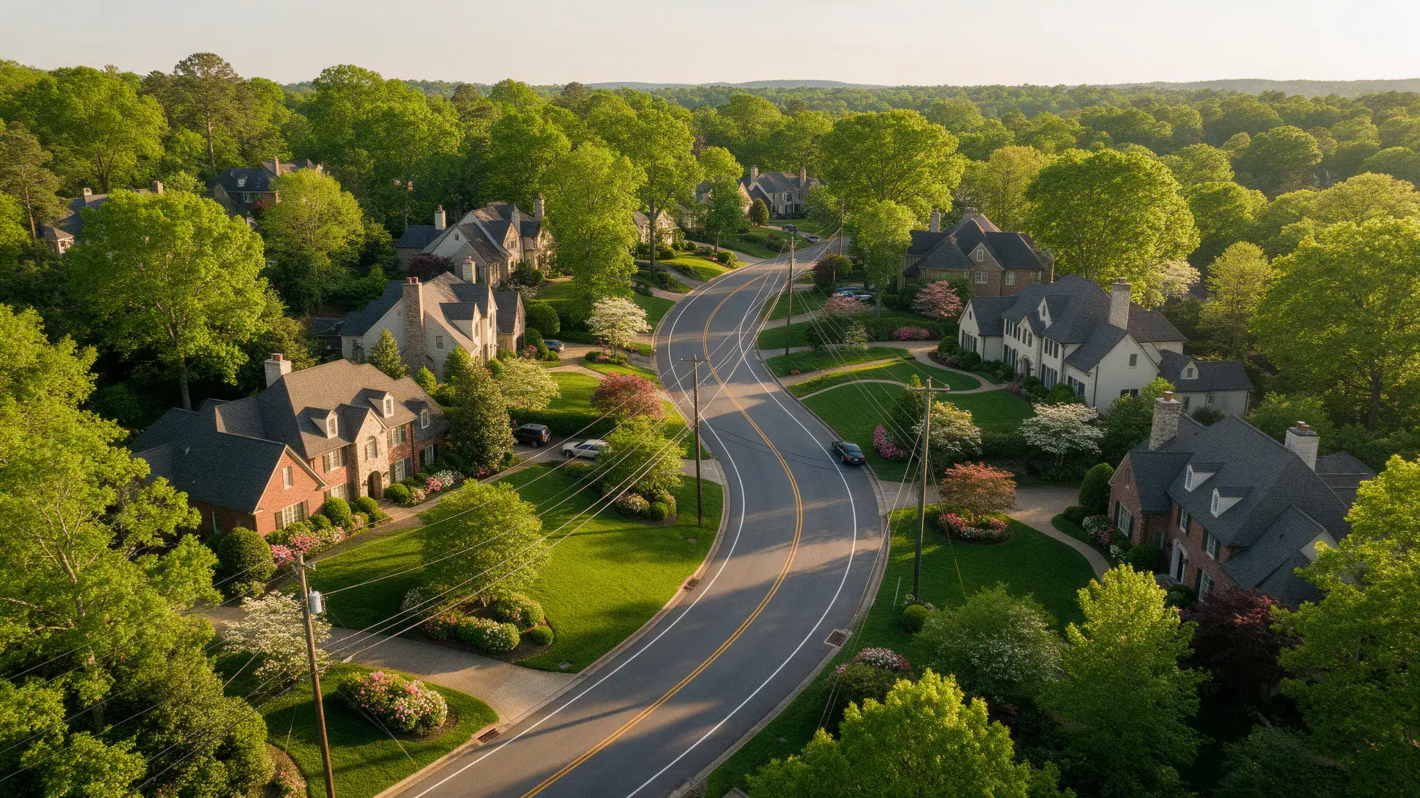 Aerial view of a suburban neighborhood with winding road and green trees in Birmingham.
